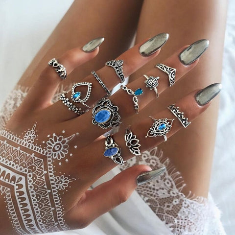 13pcs/set Vintage Diamond Engraved Crown Star Gemstone Ring, 13pcs/set 0737