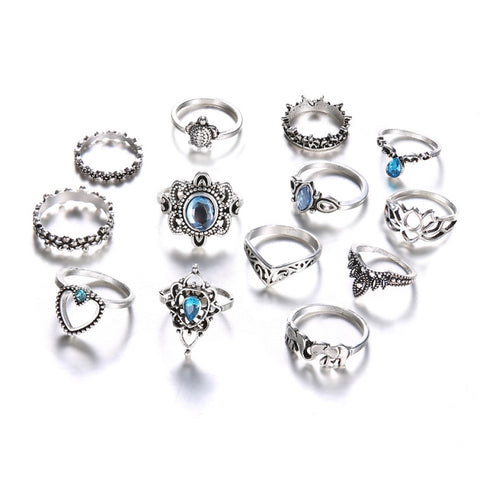 13pcs/set Vintage Diamond Engraved Crown Star Gemstone Ring, 13pcs/set 0737