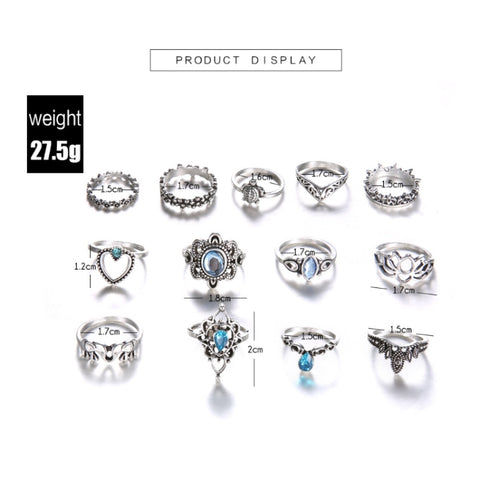 13pcs/set Vintage Diamond Engraved Crown Star Gemstone Ring, 13pcs/set 0737