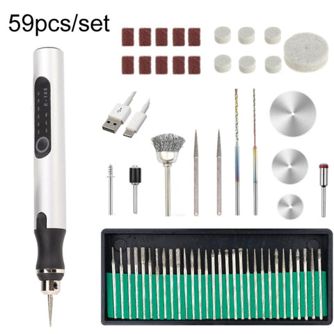 E108 59pcs/set Wireless Portable USB Rechargeable Mini Electric Drill Pen, Silver, Rose Gold