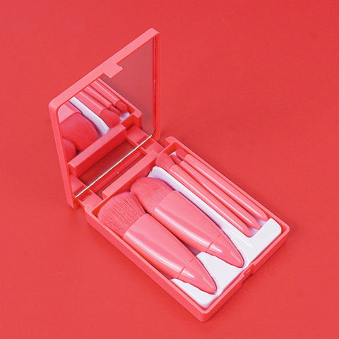 5pcs/Set Medium Portable Makeup Brush Set With Mirror Mini Multifunctional Makeup Brush, Brown, Rose Red, Pink, Fluorescent Green