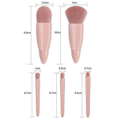 5pcs/Set Medium Portable Makeup Brush Set With Mirror Mini Multifunctional Makeup Brush, Brown, Rose Red, Pink, Fluorescent Green