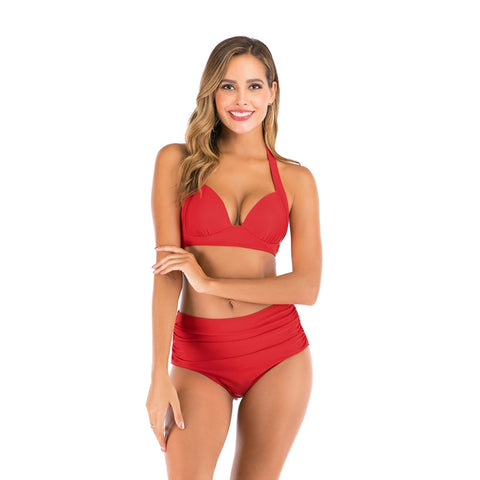 Lace-Up Halter Backless High-Waisted Swimsuit Split Printed Bikini Swimsuit, S, M, L
