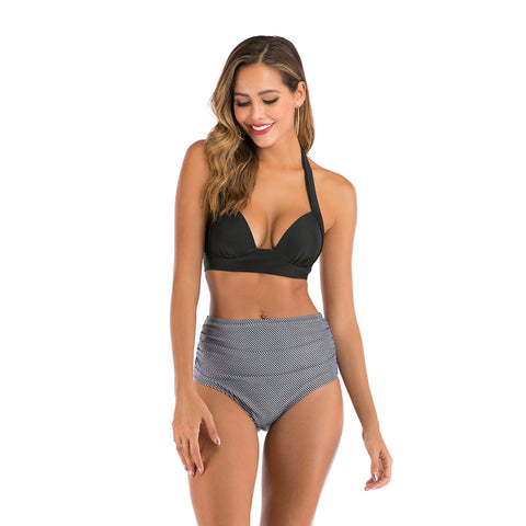 Lace-Up Halter Backless High-Waisted Swimsuit Split Printed Bikini Swimsuit, S, M, L