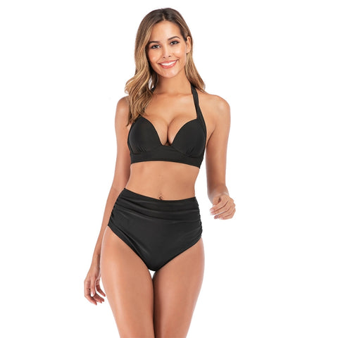 Lace-Up Halter Backless High-Waisted Swimsuit Split Printed Bikini Swimsuit, XL, XXL, XXXL