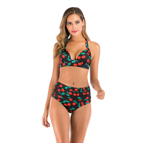 Lace-Up Halter Backless High-Waisted Swimsuit Split Printed Bikini Swimsuit, XL, XXL, XXXL