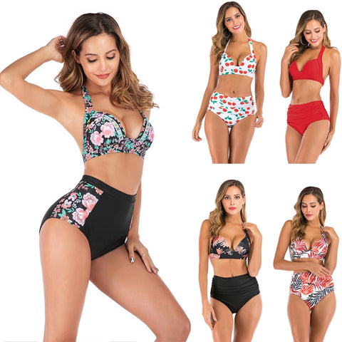 Lace-Up Halter Backless High-Waisted Swimsuit Split Printed Bikini Swimsuit, S, M, L