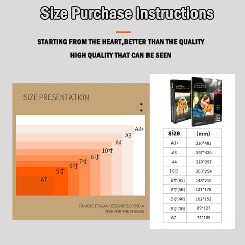 260g Waterproof RC Photo Paper for Brother/Epson/Lenovo/HP/Canon Inkjet Printers, 6 Inch 50 Sheets, 5 -inch 50 Sheets, 7 -inch 50 Sheets, A5 50 Sheets, A4 20 Sheets, A3 20 Sheets, A3+ 20 Sheets