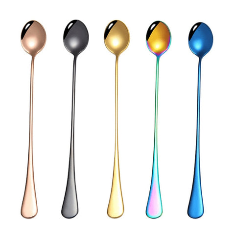 304 Stainless Steel Long Handle Thickened Pointed Spoon Coffee Ice Drink Mixing Spoon, Stainless Steel Color, Titanium Gold, Rose Gold, Colorful, Titanium Black