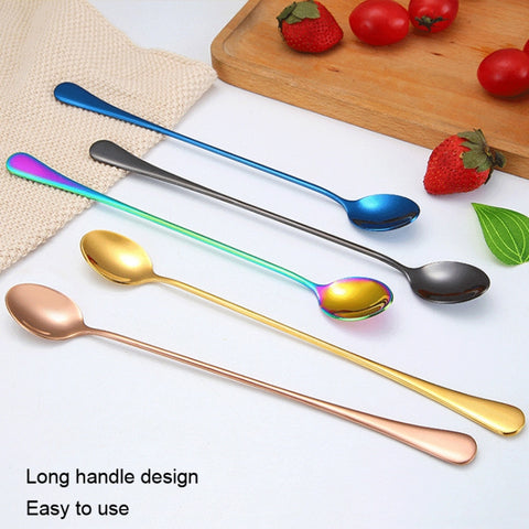 304 Stainless Steel Long Handle Thickened Pointed Spoon Coffee Ice Drink Mixing Spoon, Stainless Steel Color, Titanium Gold, Rose Gold, Colorful, Titanium Black