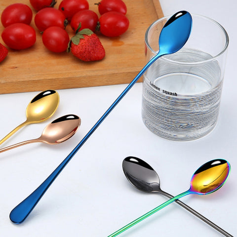 304 Stainless Steel Long Handle Thickened Pointed Spoon Coffee Ice Drink Mixing Spoon, Stainless Steel Color, Titanium Gold, Rose Gold, Colorful, Titanium Black