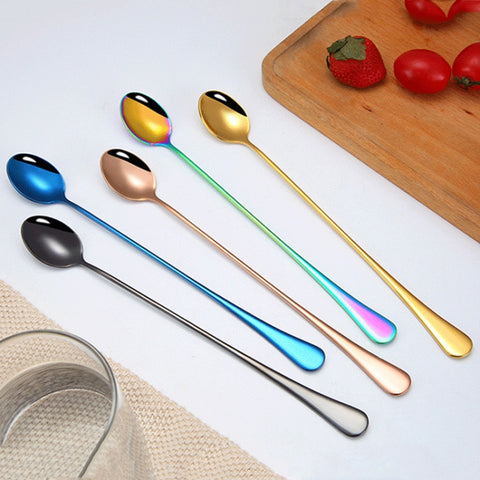 304 Stainless Steel Long Handle Thickened Pointed Spoon Coffee Ice Drink Mixing Spoon, Stainless Steel Color, Titanium Gold, Rose Gold, Colorful, Titanium Black