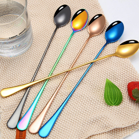 304 Stainless Steel Long Handle Thickened Pointed Spoon Coffee Ice Drink Mixing Spoon, Stainless Steel Color, Titanium Gold, Rose Gold, Colorful, Titanium Black