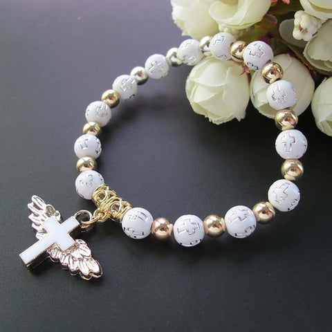 Gold Stamped Acrylic Angel Cross Bead Bracelet, Blue, White, Pink, Silver