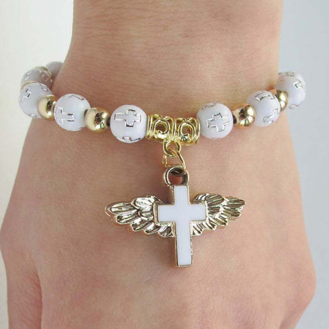 Gold Stamped Acrylic Angel Cross Bead Bracelet, Blue, White, Pink, Silver