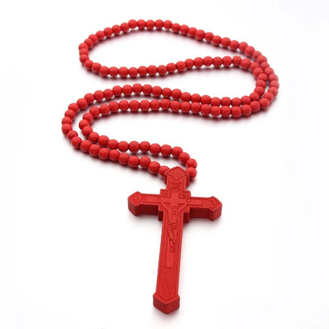 Cross Laser Engraved Wooden Bead Necklace, Red, Black, True Color, Brown