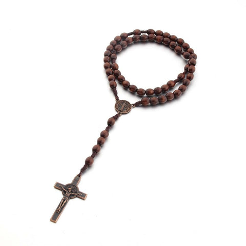 Wooden Beads Handmade Wire Vintage Cross Necklace, Light Coffee, Dark Coffee