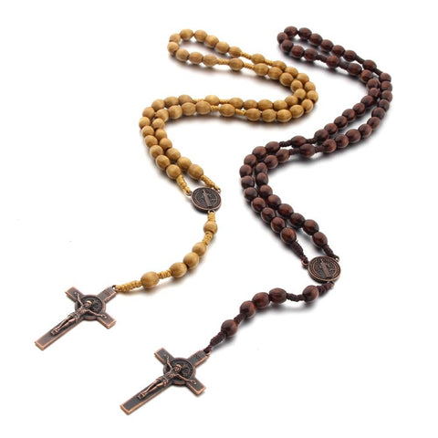 Wooden Beads Handmade Wire Vintage Cross Necklace, Light Coffee, Dark Coffee