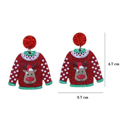1pair Sweater Christmas Earrings Cute Elk Snowman  Earstuds, Snowman Green, Old Man Green, Elk Red, Gift Box Red
