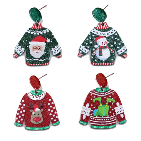 1pair Sweater Christmas Earrings Cute Elk Snowman  Earstuds, Snowman Green, Old Man Green, Elk Red, Gift Box Red