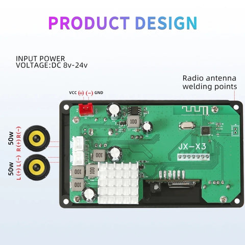 100W 12V TPA3116 Color Screen Power Amplifier Bluetooth Decoder Board With Recording Call, Silicone Remote Control, Small Silicone Remote Control, Small Remote Control