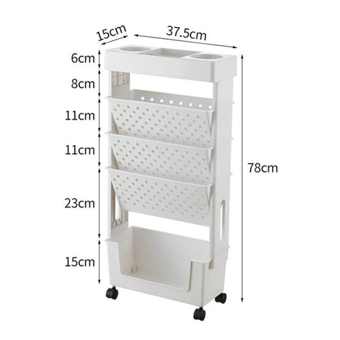 5-layer Movable Trolley Plastic Storage Rack for Student Books Vertical Bookshelves