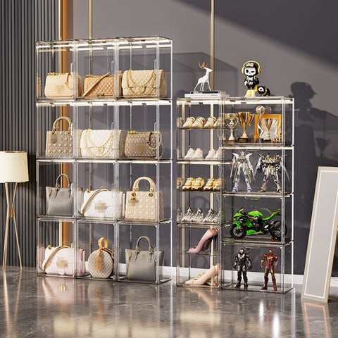 Stackable Transparent Storage Box Magnetic Suction Bookcase Handbag Display Rack, No Partitions, Single Partition, Double Partition, Three Partitions, Side Opening