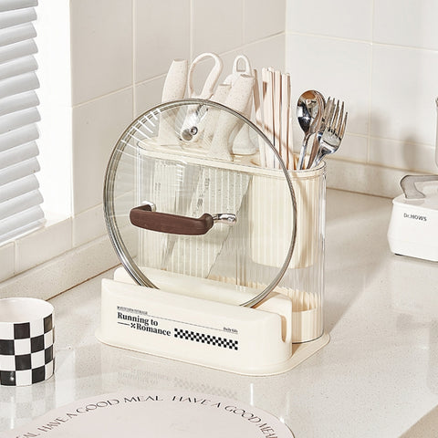 Cream Style Kitchen Storage Rack Knife Holder Chopping Board, Pot Lid Rack, Knife Rack, 2 In 1