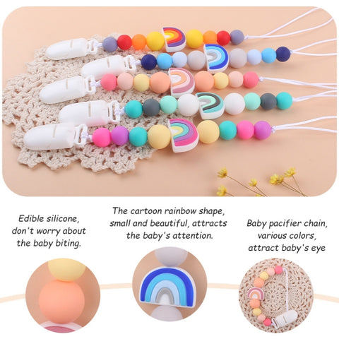 Baby Anti-drop Chain Pacifier Clips Silicone Rainbow Beads Dummy Holder Nipple Clip, Rainbow Pink, Rainbow Blue, Rainbow Purple