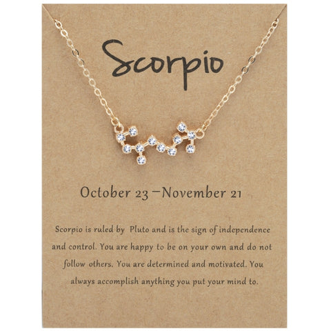 12 Zodiac Signs With Diamonds Necklace Card Rhinestones Collarbone Chain Pendant, Scorpio Golden, Sagittarius Golden, Capricorn Golden, Taurus Golden, Pisces Golden, Leo Golden, Libra Golden, Cancer Golden, Aquarius Golden, Virgo Golden, Aries Golden  ...