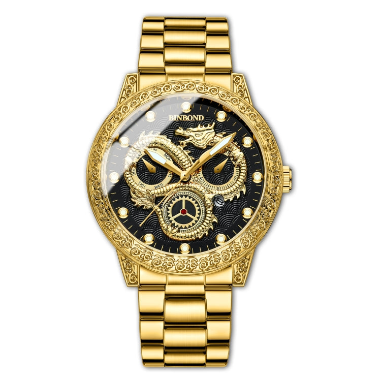 BINBOND B3030 Embossed Dragon Luminous Waterproof Quartz Watch, Full-gold Gold, Full-gold Black, Full-gold White, Black Steel-Black, White Steel-Black, White Steel-White, Brown Leather-Full-gold-Gold, Brown Leather-Full-gold-Black                      ...