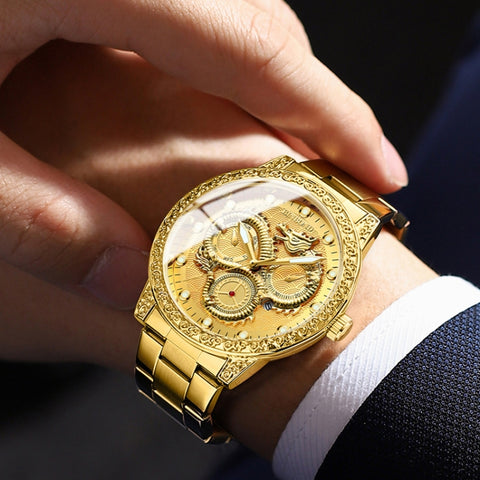 BINBOND B3030 Embossed Dragon Luminous Waterproof Quartz Watch, Full-gold Gold, Full-gold Black, Full-gold White, Black Steel-Black, White Steel-Black, White Steel-White, Brown Leather-Full-gold-Gold, Brown Leather-Full-gold-Black                      ...