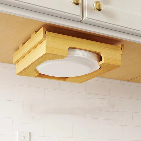 9-inch Paper Plate Dispenser Under Cabinet Bamboo Plates Holder Kitchen Storage Rack, 24 x 26.5 x 6.5