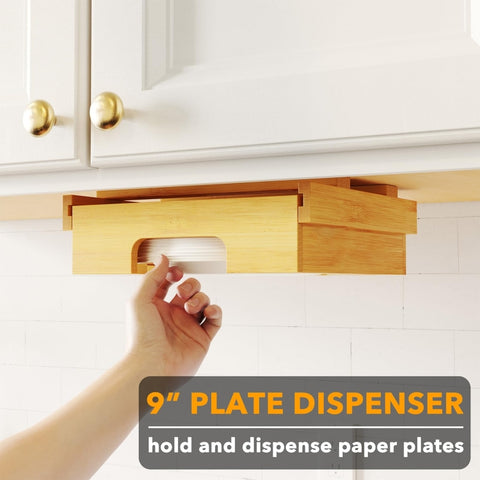9-inch Paper Plate Dispenser Under Cabinet Bamboo Plates Holder Kitchen Storage Rack, 24 x 26.5 x 6.5