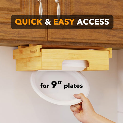 9-inch Paper Plate Dispenser Under Cabinet Bamboo Plates Holder Kitchen Storage Rack, 24 x 26.5 x 6.5