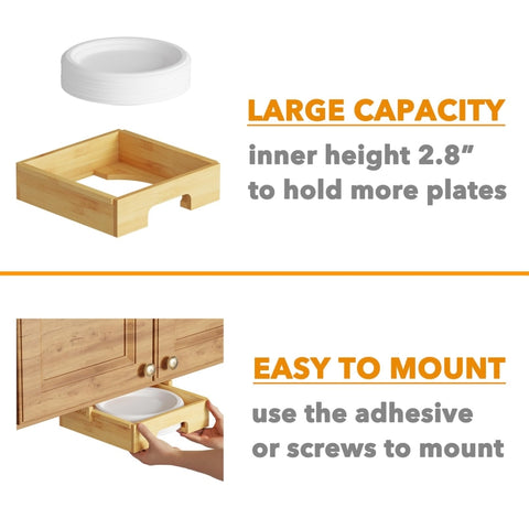 9-inch Paper Plate Dispenser Under Cabinet Bamboo Plates Holder Kitchen Storage Rack, 24 x 26.5 x 6.5
