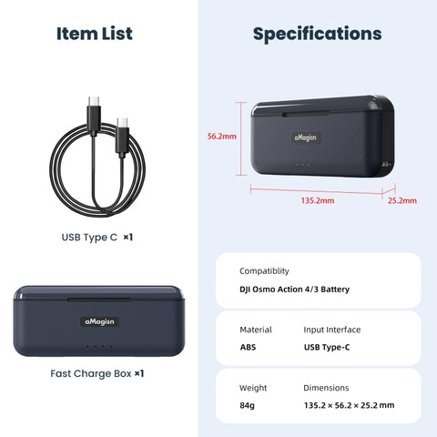 For DJI Action 4 / 3 aMagisn Fast Charge Charging Box Charger Sports Camera Accessories, For DJI Action 4 / 3