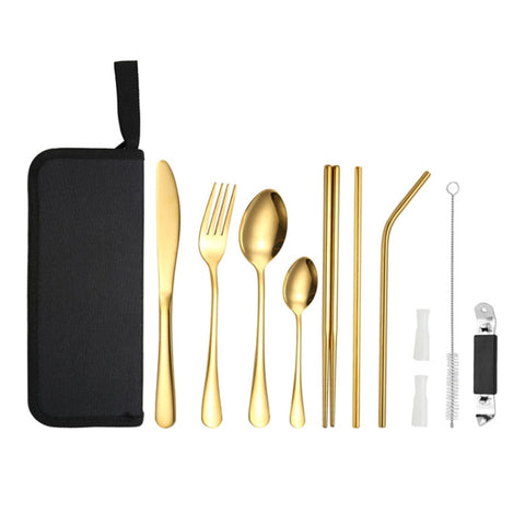 Portable Stainless Steel Cutlery Set Outdoor Picnic Knife And Fork Tool With Storage Bag, A Model Silver, A Model Gold, A Model Black, B Model Silver, B Model Gold, B Model Black, C Model Silver, C Model Black