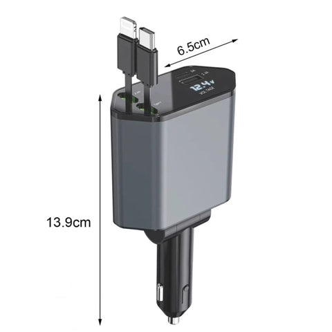 4-In-1 120W Multifunctional USB Retractable Dual-Line Digital Display Car Fast Charger