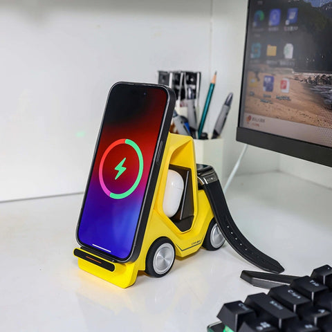 T20S 3-In-1 15W Small Forklift-Shaped Desktop Wireless Charger With LED Atmosphere Light