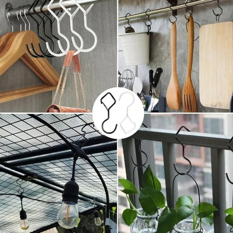 2pcs Household S Hooks For Hanging Metal Windproof Hooks With Safety Buckle, Black, White