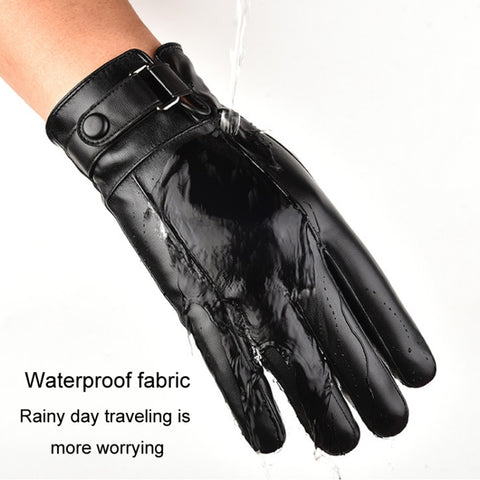 Fall Winter Men Leather Gloves PU Velvet Warm Riding Driving Touchscreen Gloves, Average