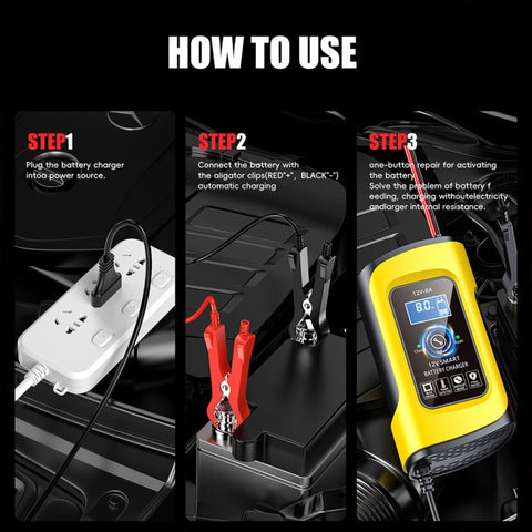 FOXSUR 12V8A SUV Car Motorcycle Intelligent Repair Type Lead-acid Battery Charger, EU Plug, US Plug, UK Plug