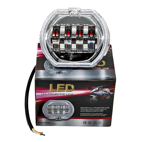 Motorcycle Electric Vehicle General Modification LED Headlight 4 Beads Double Lens Lamps, White Aperture+Red Devil Eye, Red Aperture+Red Devil Eye, Blue Aperture+Red Devil Eye, Ice Blue Aperture+Red Devil Eye, Green Aperture+Red Devil Eye              ...