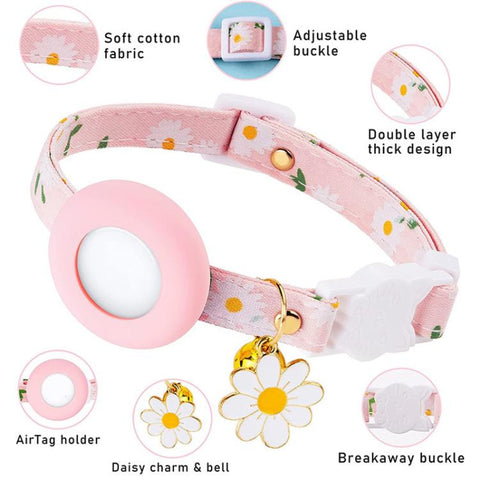 For AirTag 2nd Gen / AirTag 1st Gen Tracker Silicone Cover Small Daisy Pet Collar Dog Collar With Bell And Front Back Film