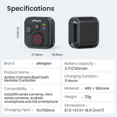 aMagisn Wireless Bluetooth Remote Control for Insta360, GoPro Hero Cameras & Smartphones - 50m Long Range, AM22