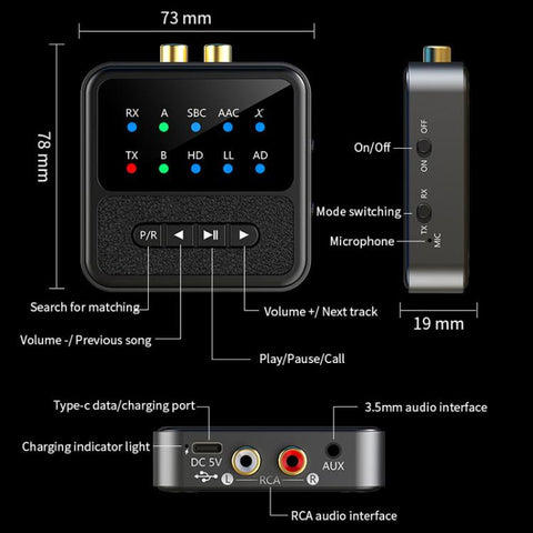 2-in-1 Bluetooth 5.4 Audio Transceiver HiFi Transmitter/Receiver, HD Calls, RCA/3.5mm AUX for Car/Home Stereo, BT200