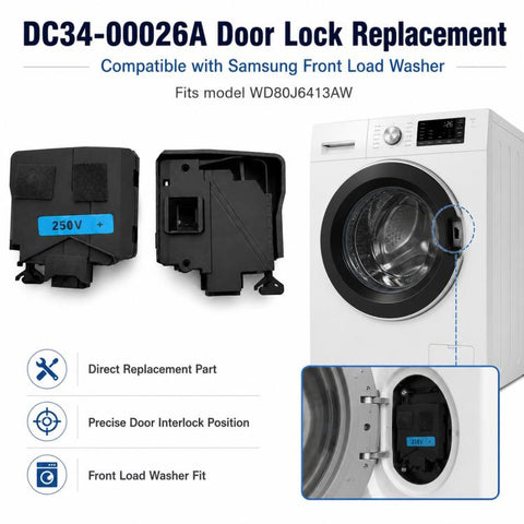 DC34-00026A Washer Door Lock Replacement For Samsung Front Load Washing Machine WD80J6413AW