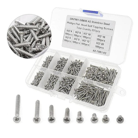 800pcs /Set Metric M2 Carbon Steel Phillips Self-Drilling Screw Kit, 800pcs /Set Round Head, 800pcs /Set Flat Head