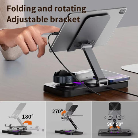4-in-1 Fast Wireless Charging Station for Phone/Tablet/Apple Watch/AirPods Magnetic Foldable Stand with Clock Display & Cool Light Effect